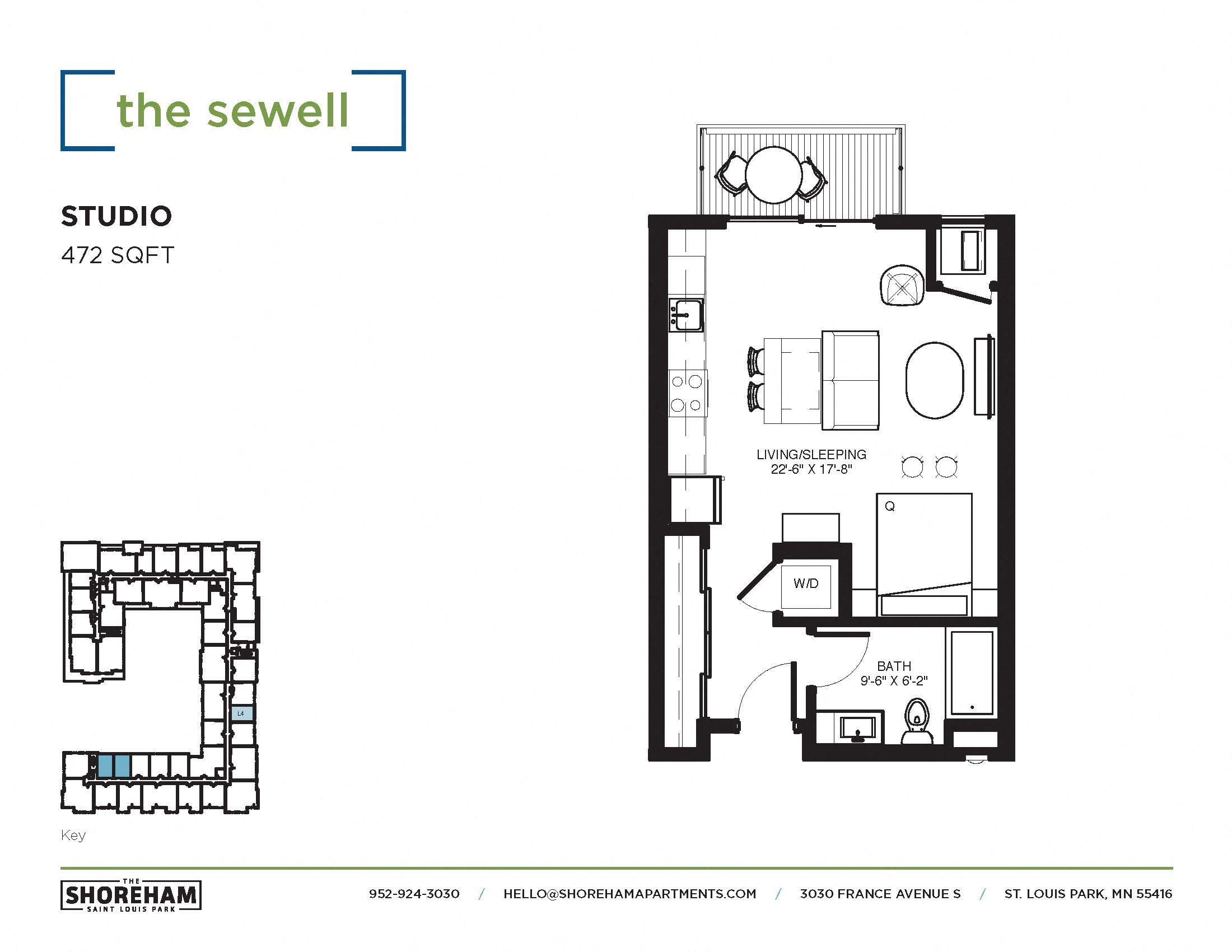 Floor plan for studio, 1 bath, 472 sqft